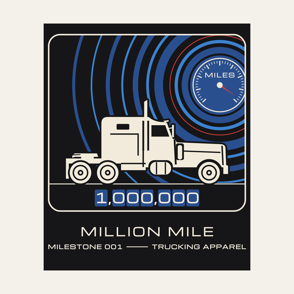 Close-up of the printed Million Mile patch-style graphic on the back of a black tee