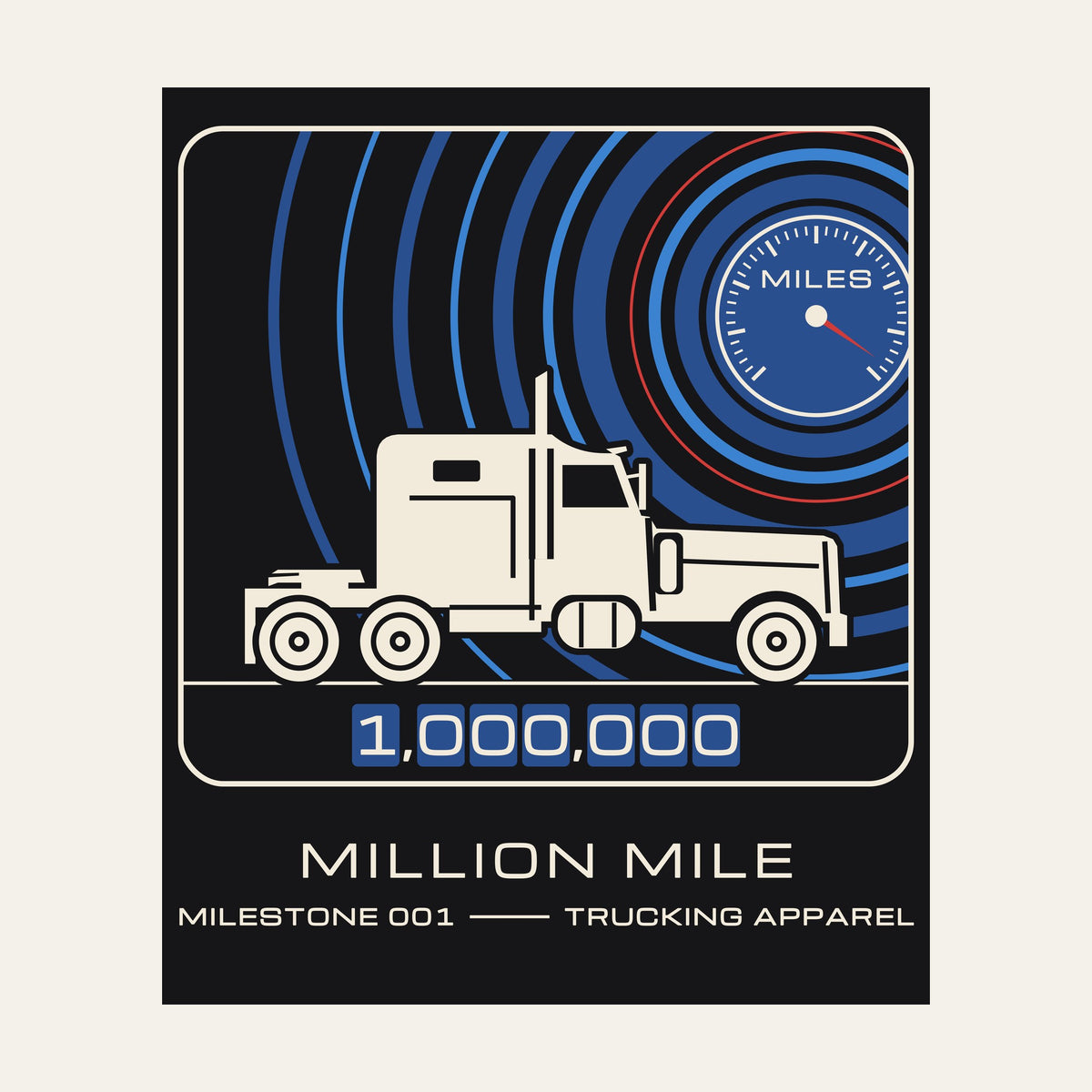 Close-up of the printed Million Mile patch-style graphic on the back of a black tee