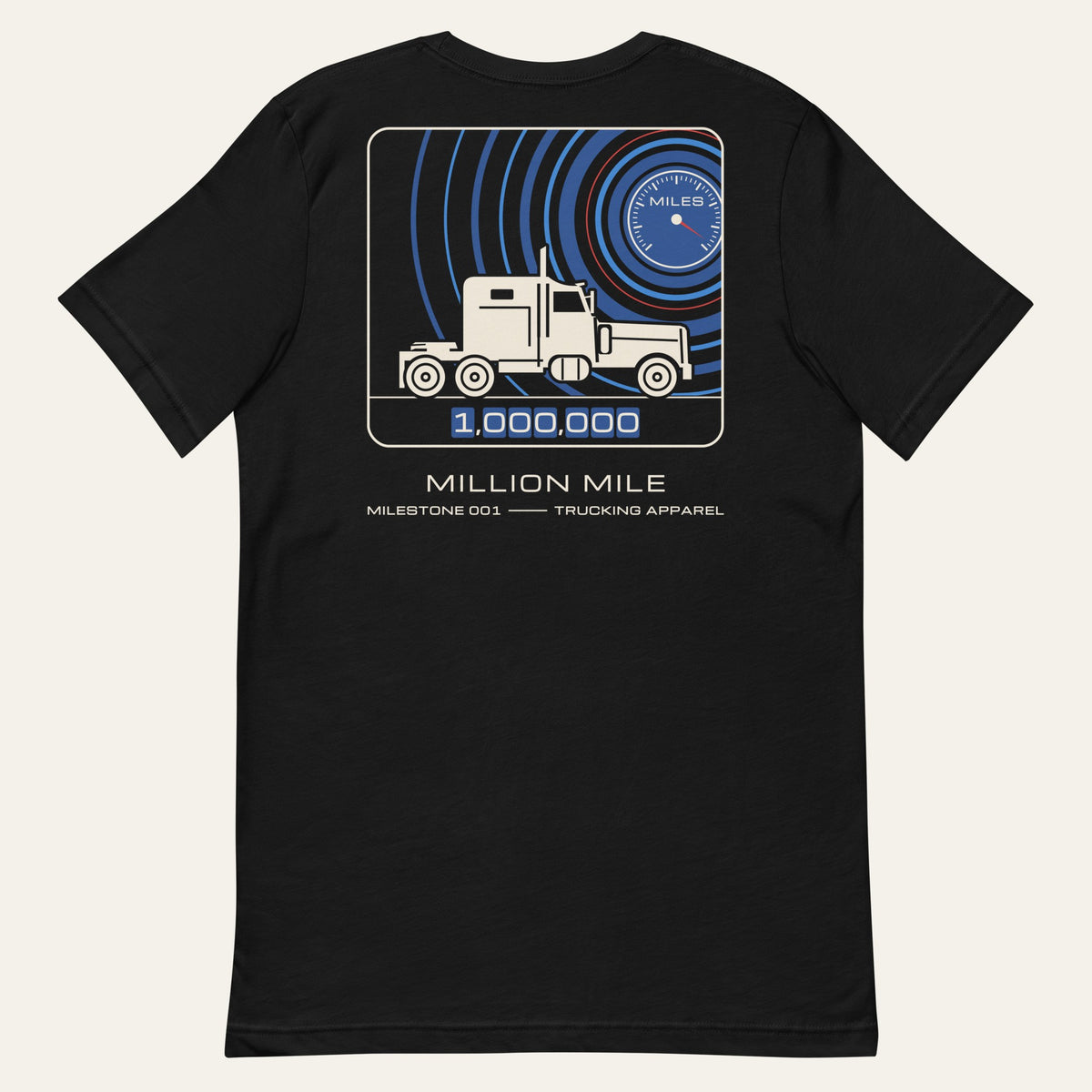 Flat lay of the black Million Mile Milestone Tee, back view with the printed mission-patch style graphic