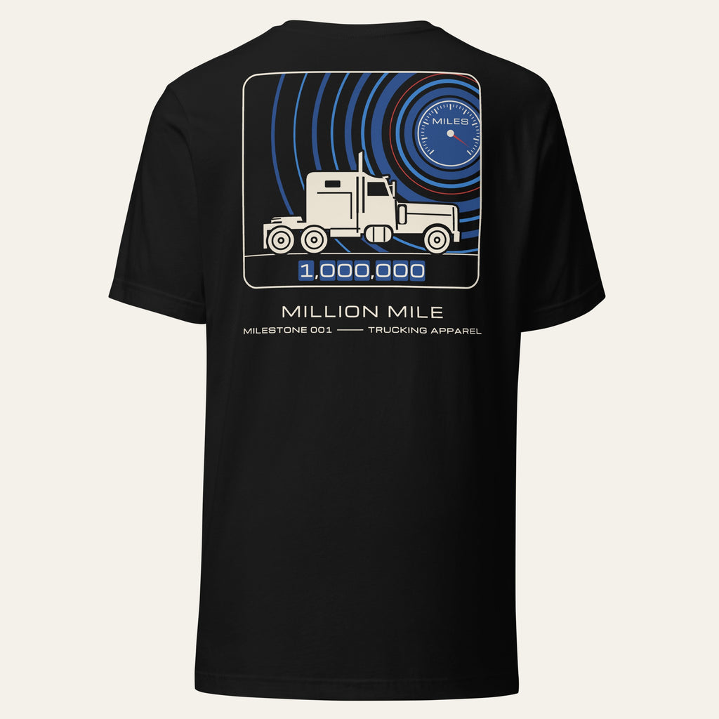 Back of black Million Mile Milestone Tee with a large printed mission-patch style graphic