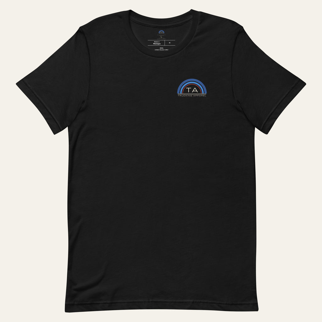 Flat lay of the black Million Mile Milestone Tee, front view with the small arc mark on the left chest