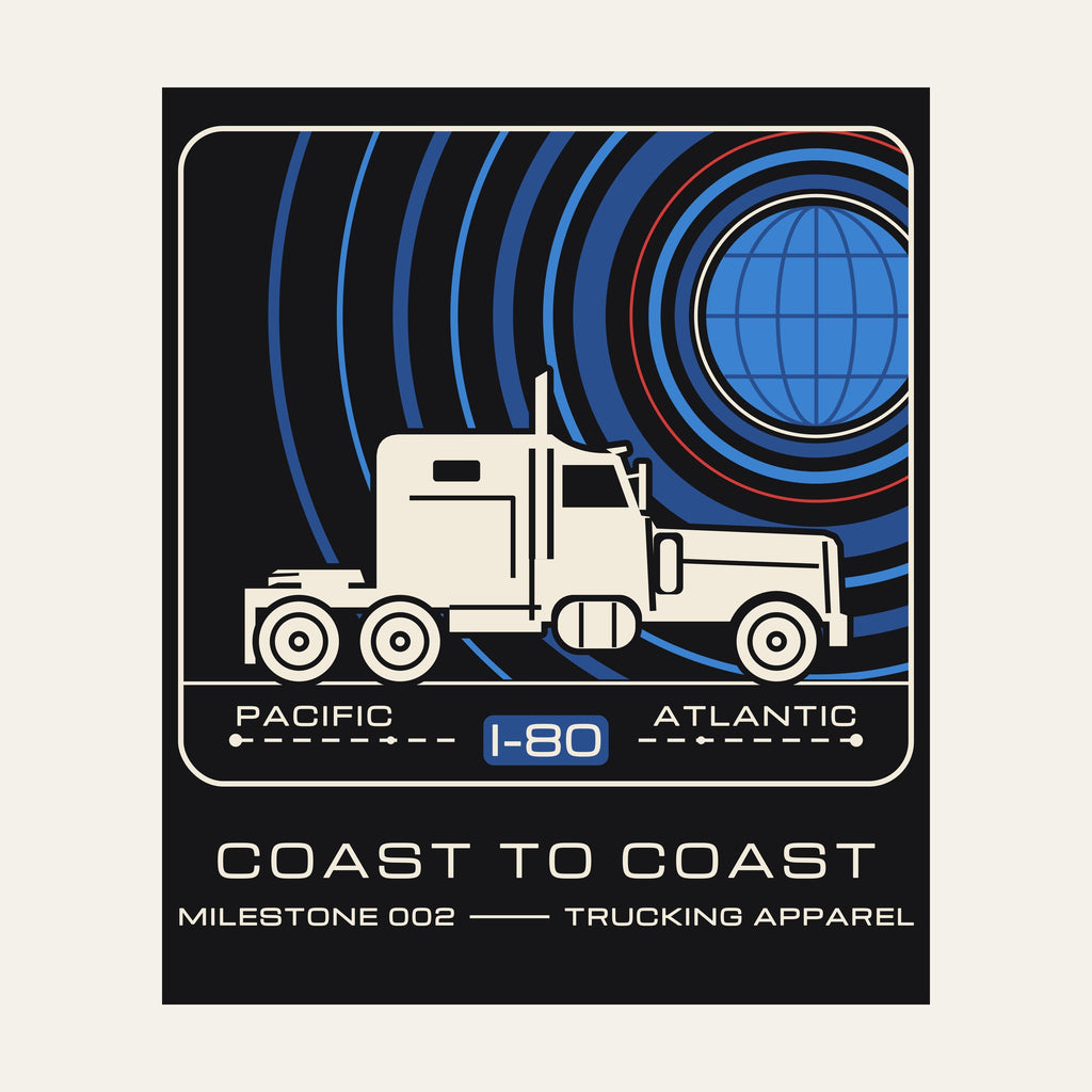 Close-up of the printed Coast to Coast patch-style graphic on the back of a black tee