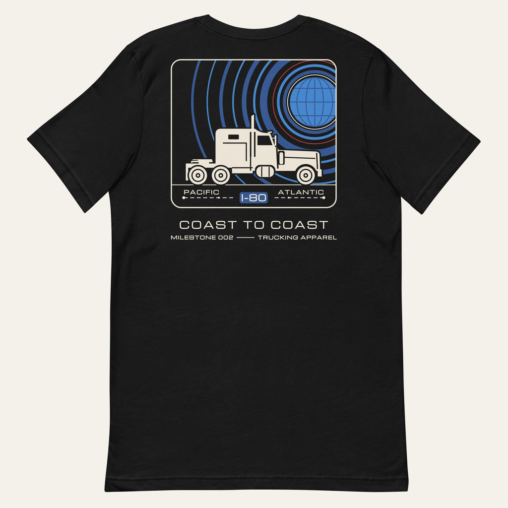 Flat lay of the black Coast to Coast Milestone Tee, back view with the printed mission-patch style graphic