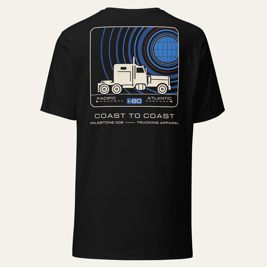 Back of black Coast to Coast Milestone Tee with a large printed mission-patch style graphic