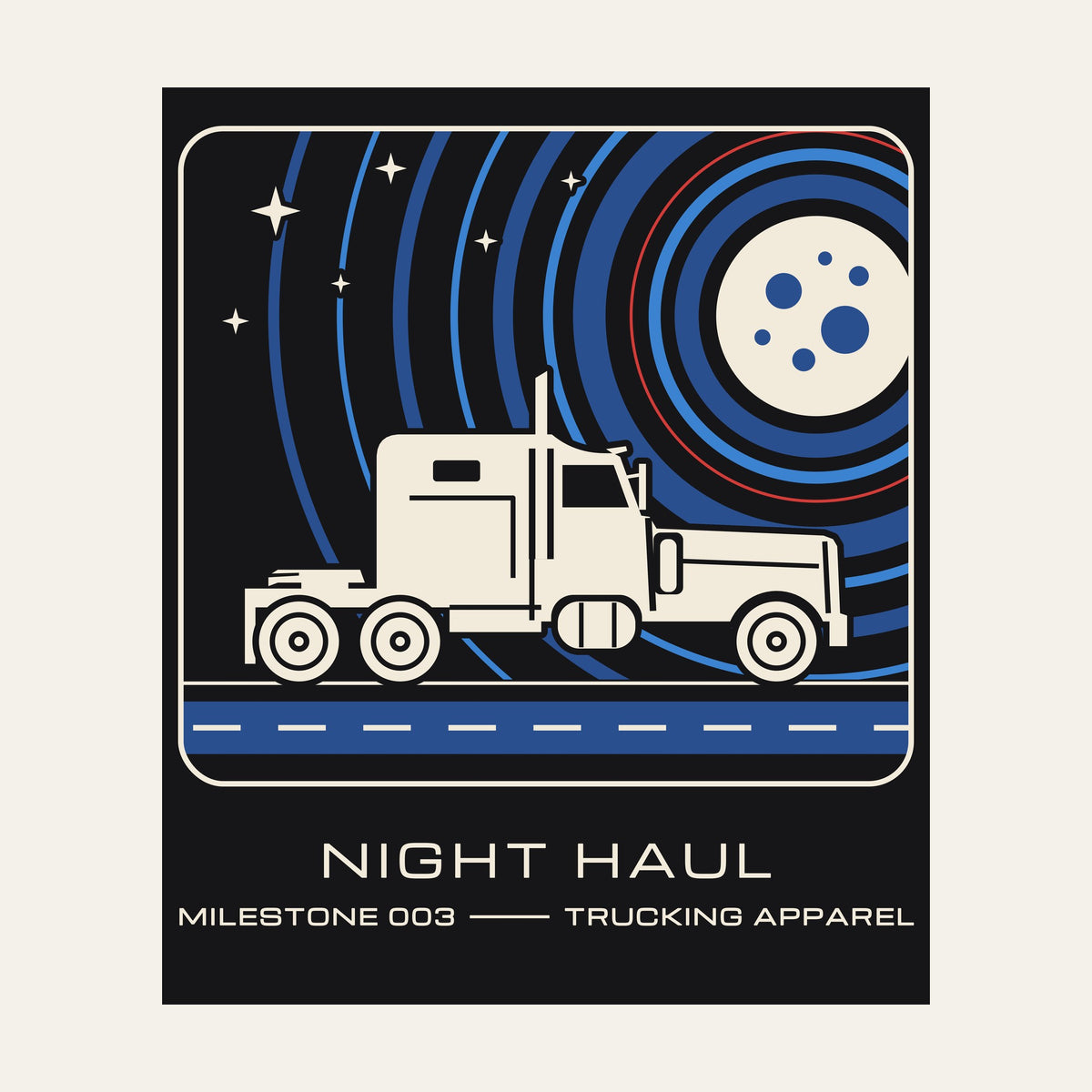 Close-up of the printed Night Haul patch-style graphic on the back of a black tee