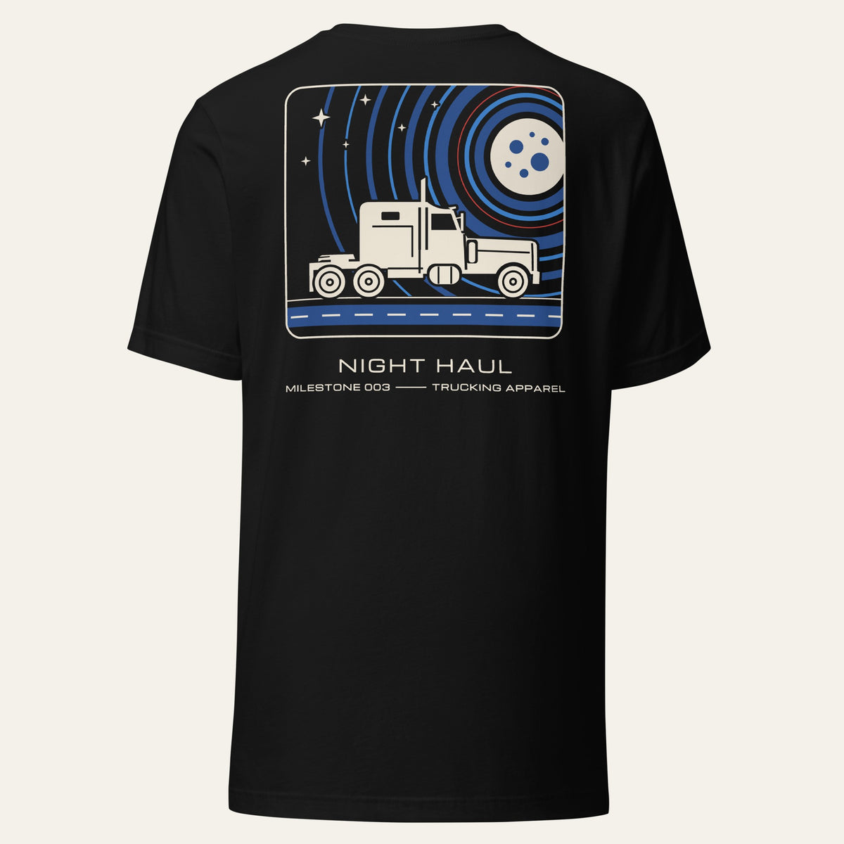 Back of black Night Haul Milestone Tee with a large printed mission-patch style graphic