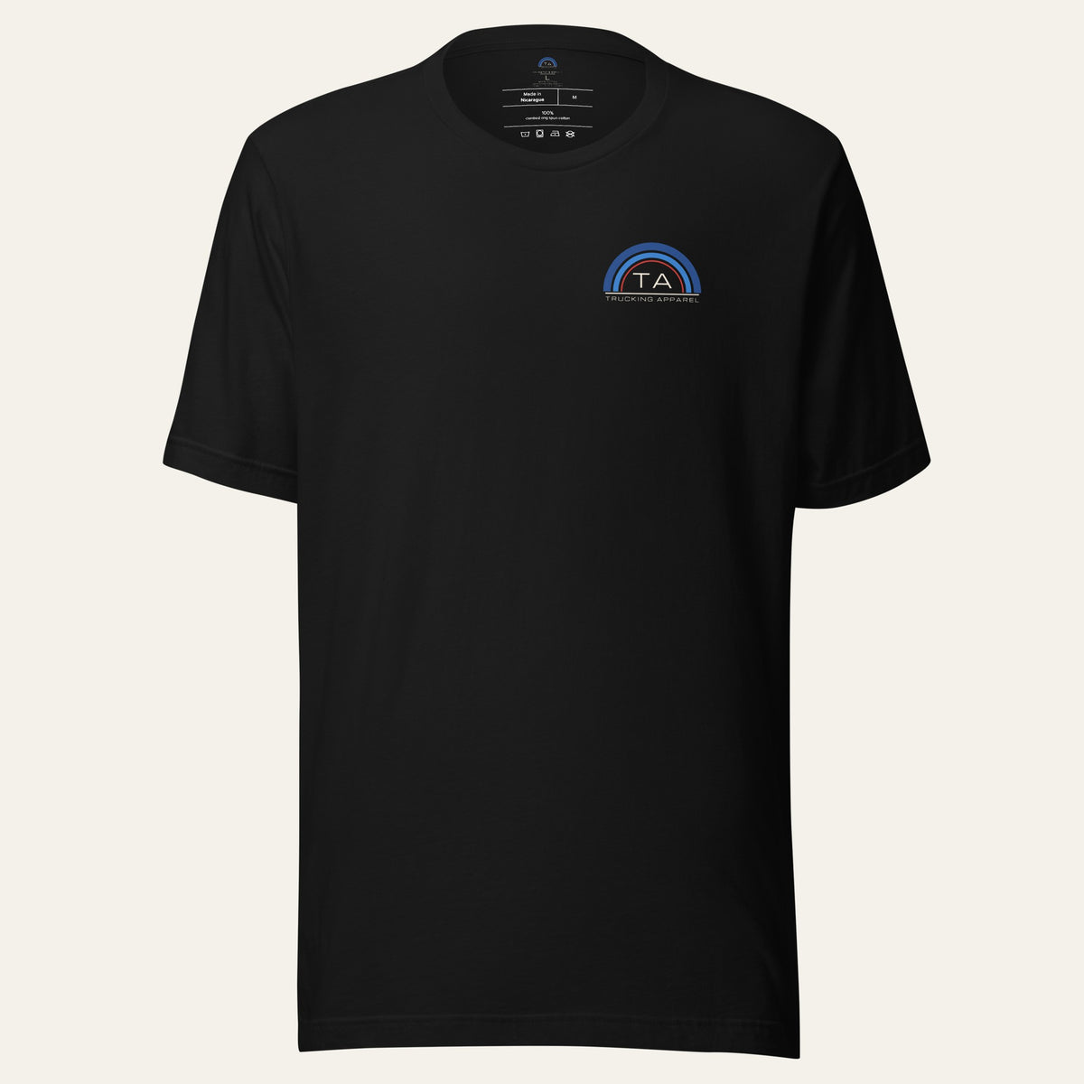 Front of black Night Haul Milestone Tee with a small arc mark printed on the left chest