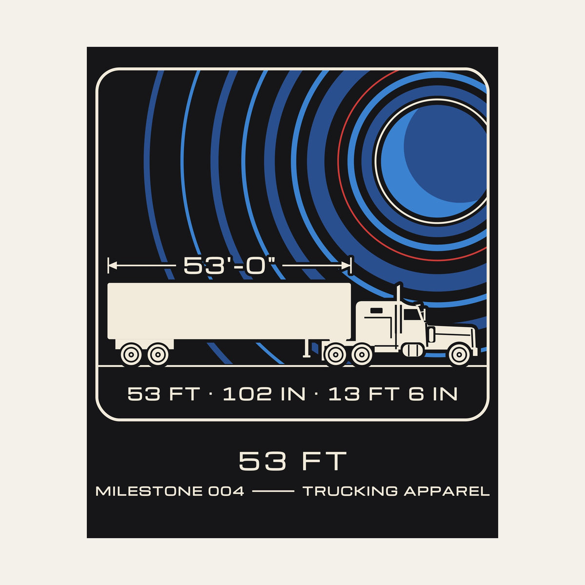 Close-up of the printed 53 FT patch-style graphic on the back of a black tee