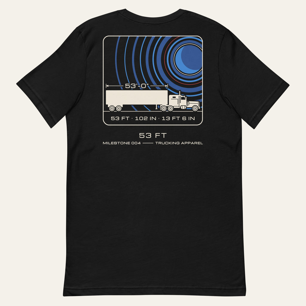 Flat lay of the black 53 FT Milestone Tee, back view with the printed mission-patch style graphic