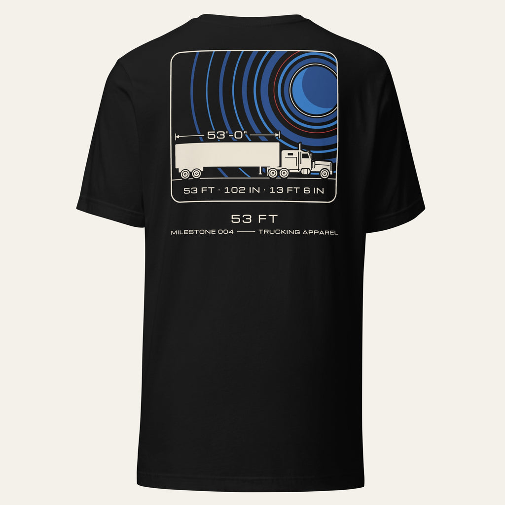 Back of black 53 FT Milestone Tee with a large printed mission-patch style graphic
