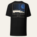 Back of black 53 FT Milestone Tee with a large printed mission-patch style graphic