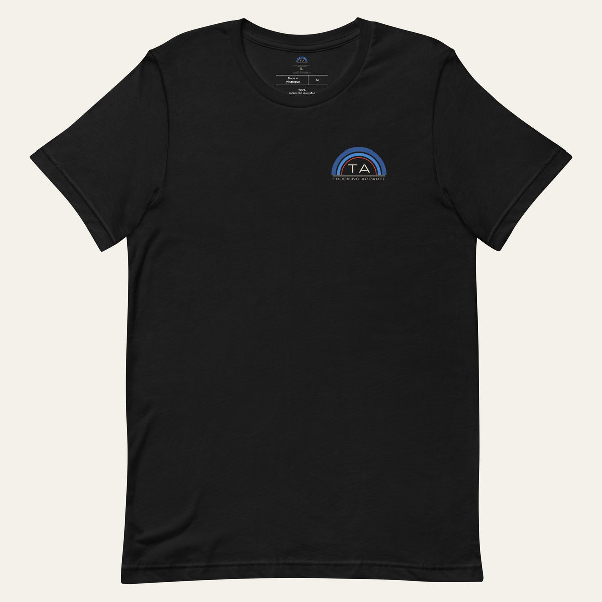 Flat lay of the black 53 FT Milestone Tee, front view with the small arc mark on the left chest