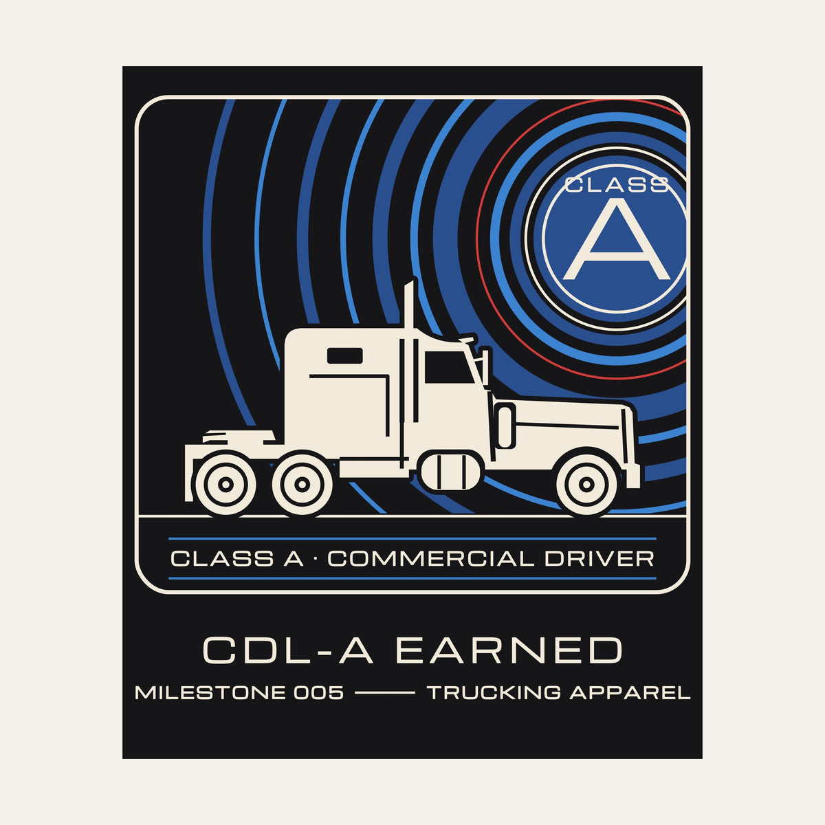 Close-up of the printed CDL-A Earned patch-style graphic on the back of a black tee