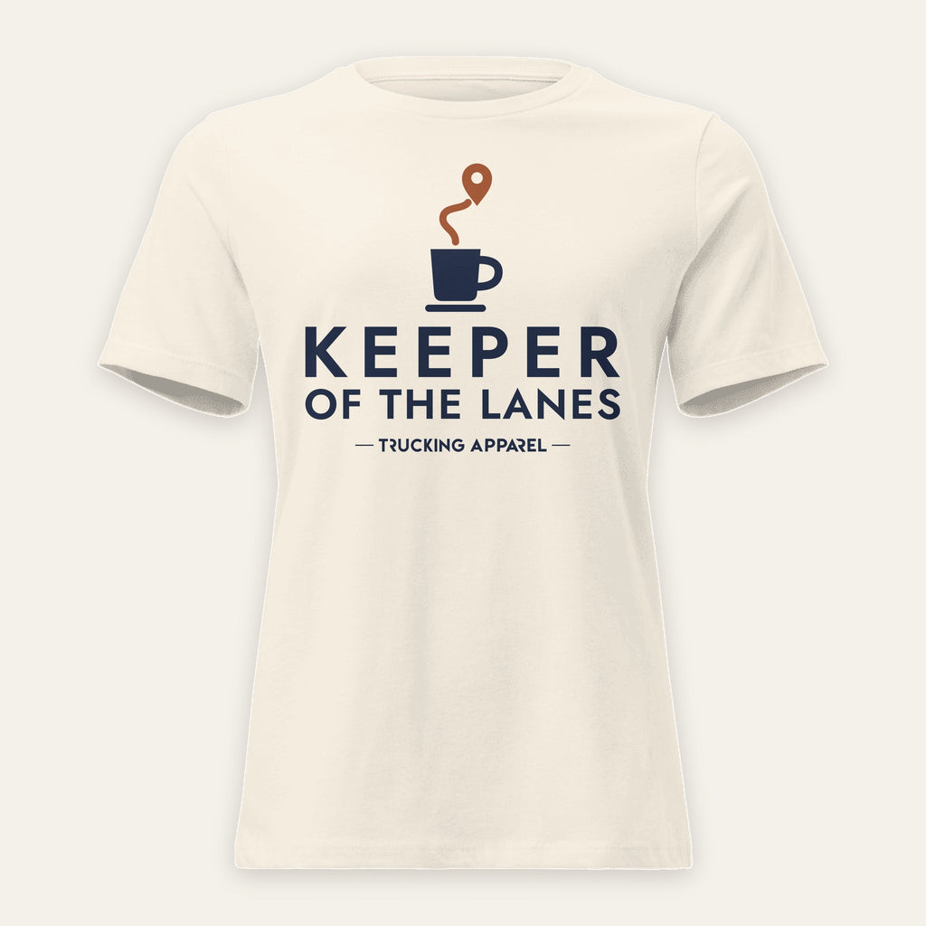 Keeper of the Lanes Dispatcher Tee in Natural, front view, KEEPER OF THE LANES lettering with a coffee cup and route pin, on a cream background