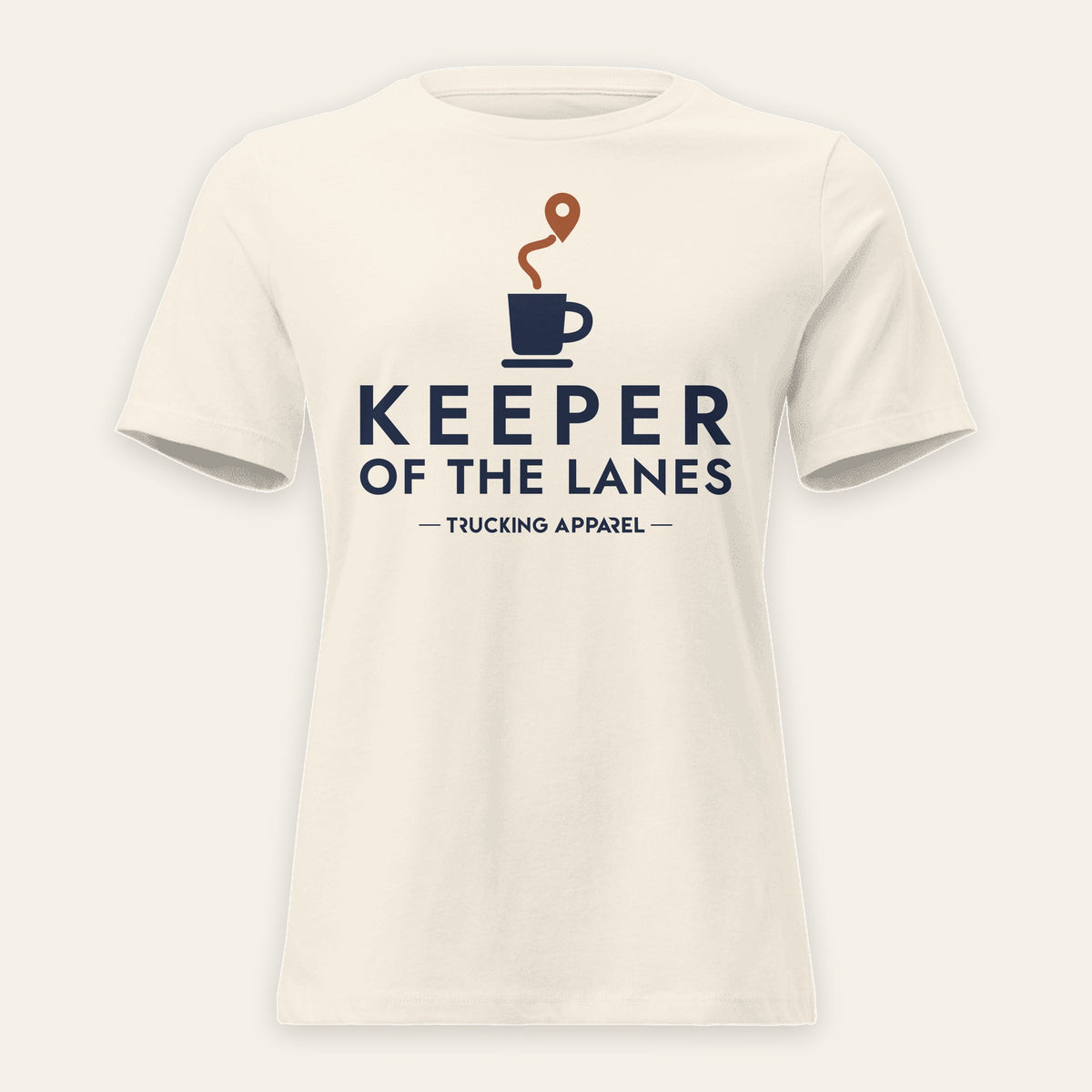 Keeper of the Lanes Dispatcher Tee in Natural, front view, KEEPER OF THE LANES lettering with a coffee cup and route pin, on a cream background