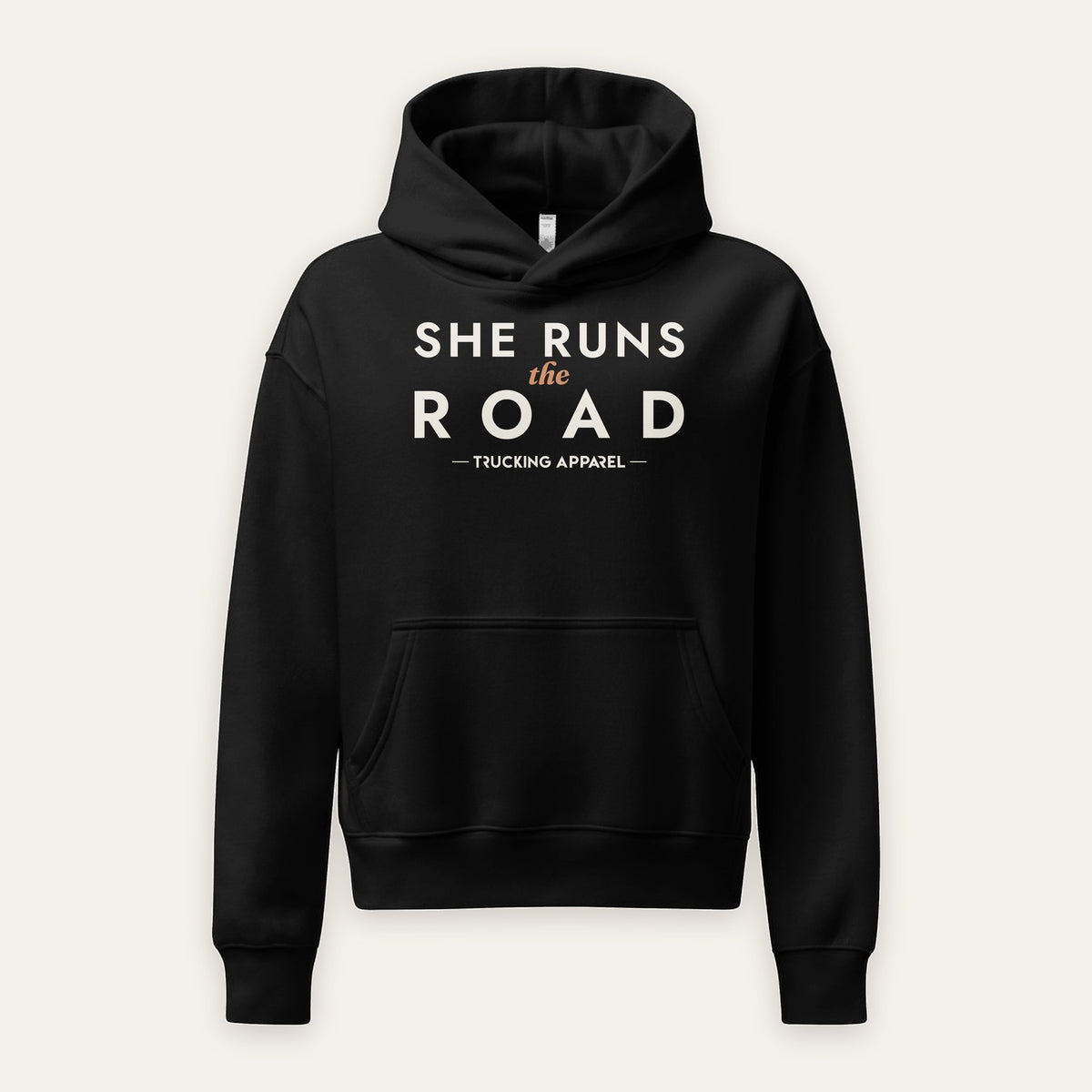 She Runs the Road Hoodie in Black, front view, SHE RUNS THE ROAD chest lettering, on a cream background
