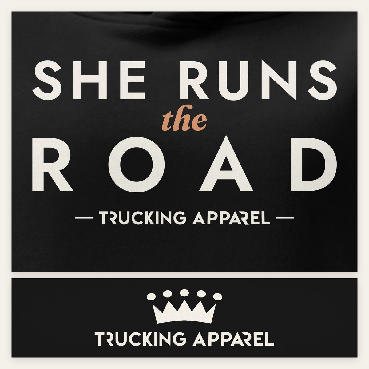 She Runs the Road Hoodie, close-up of print and label