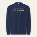 Trucker Wife Season Crewneck in True Navy, front view, TRUCKER WIFE SEASON lettering, on a cream background