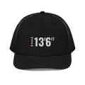 13'6" Clearance Trucker Hat, black Richardson 112 mesh-back cap with 13'6" in white embroidery with an orange height marker, front view