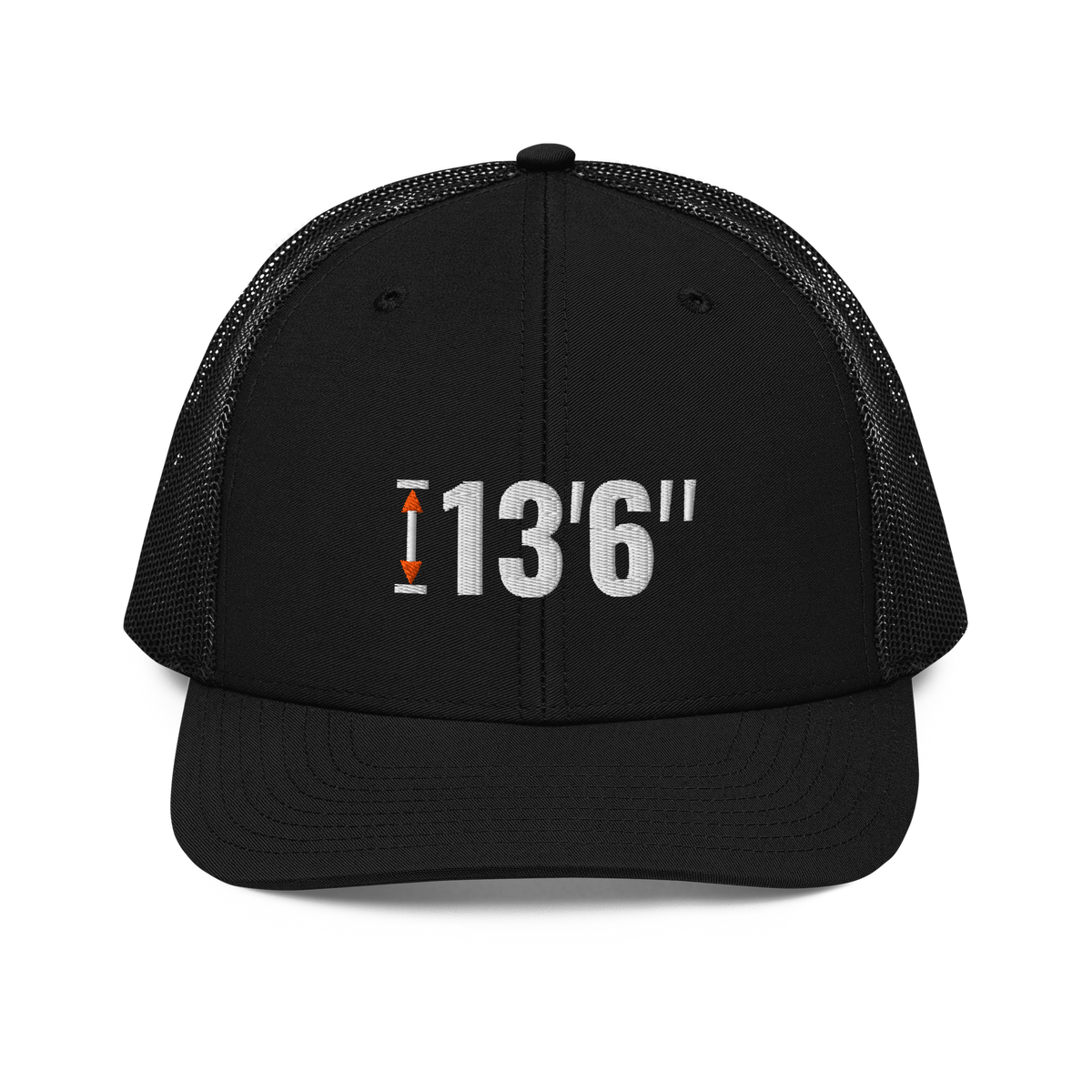 13'6" Clearance Trucker Hat, black Richardson 112 mesh-back cap with 13'6" in white embroidery with an orange height marker, front view