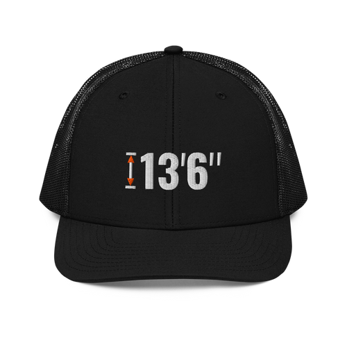 13'6" Clearance Trucker Hat, black Richardson 112 mesh-back cap with 13'6" in white embroidery with an orange height marker, front view