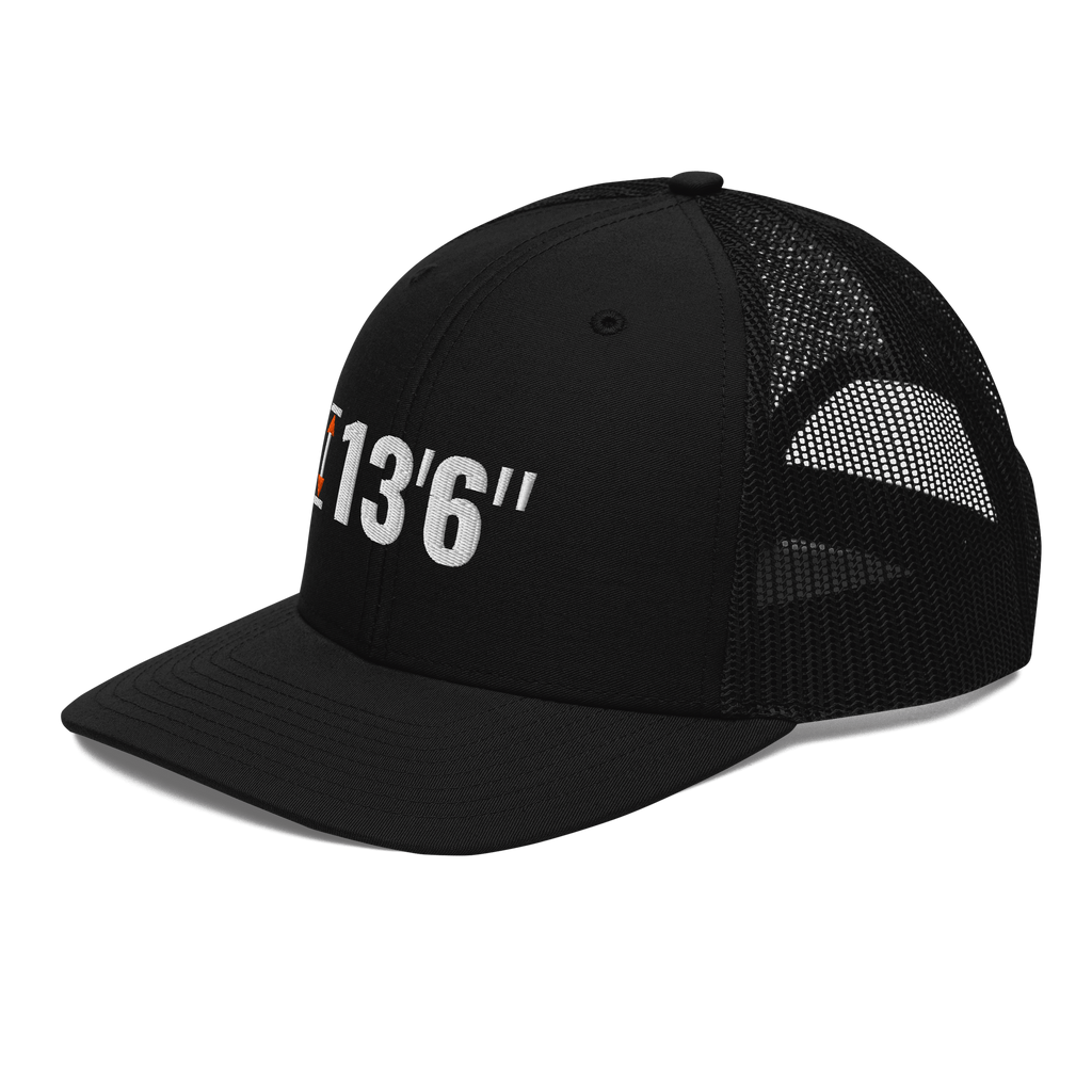 13'6" Clearance Trucker Hat, black Richardson 112 mesh-back cap with 13'6" in white embroidery with an orange height marker, left front angle