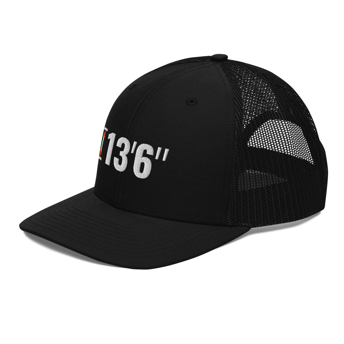 13'6" Clearance Trucker Hat, black Richardson 112 mesh-back cap with 13'6" in white embroidery with an orange height marker, left front angle