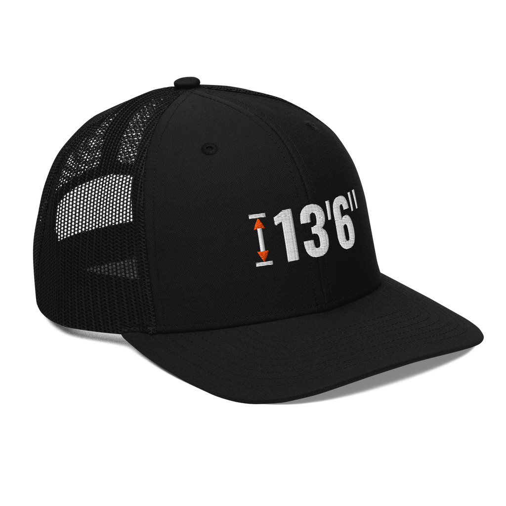 13'6" Clearance Trucker Hat, black Richardson 112 mesh-back cap with 13'6" in white embroidery with an orange height marker, right front angle