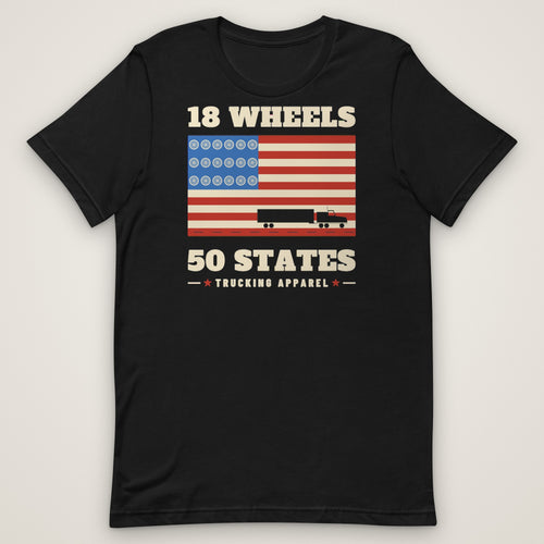 18 Wheels 50 States Trucker Flag Tee in black, front view laid flat showing the 18 WHEELS 50 STATES flag print with a tractor-trailer.
