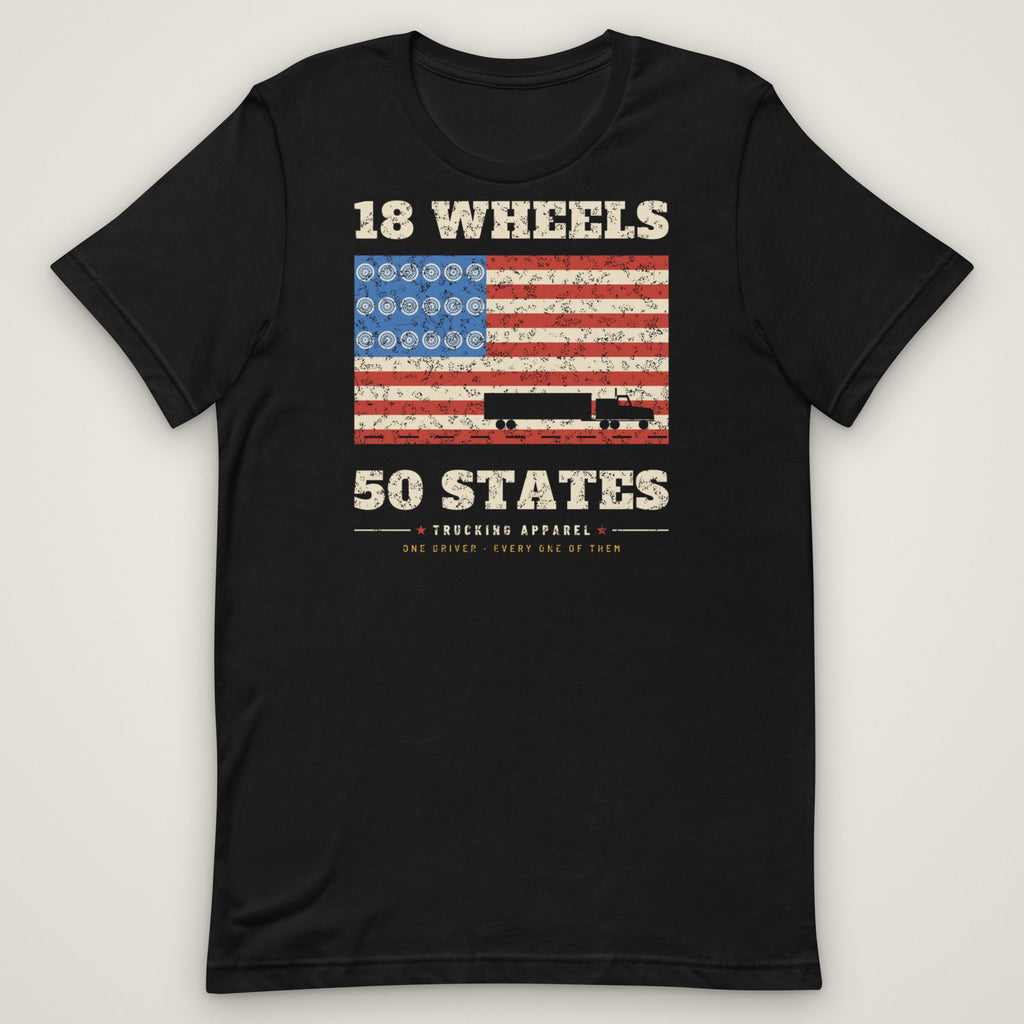 18 Wheels 50 States Trucker Flag Tee in black, front view laid flat showing the full front print.