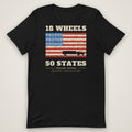 18 Wheels 50 States Trucker Flag Tee in black, front view laid flat showing the full front print.