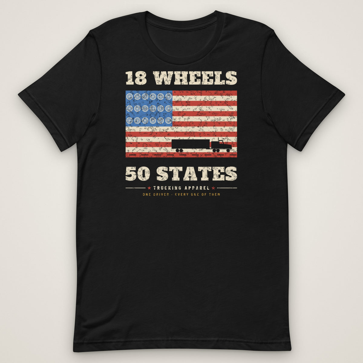 18 Wheels 50 States Trucker Flag Tee in black, front view laid flat showing the full front print.