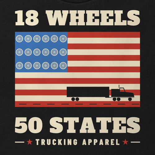 18 Wheels 50 States Trucker Flag Tee in black, close-up of the front print: 18 WHEELS 50 STATES flag print with a tractor-trailer.