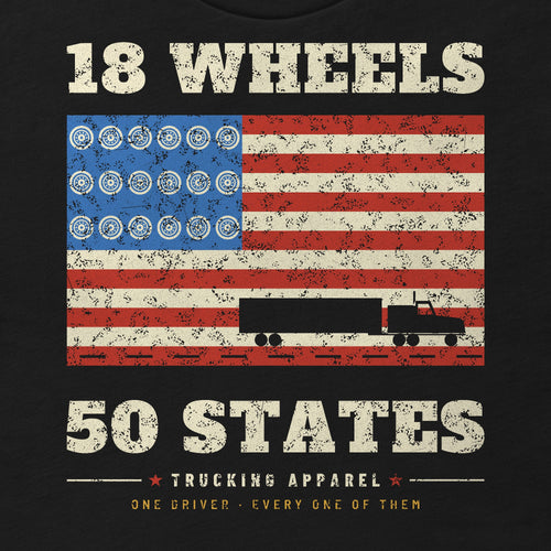 18 Wheels 50 States Trucker Flag Tee in black, close-up of the front print.