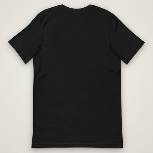 18 Wheels 50 States Trucker Flag Tee in black, plain back, laid flat. Design made with AI assistance.