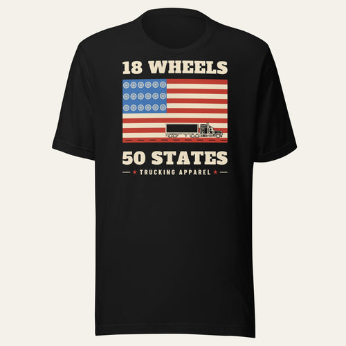 18 Wheels 50 States Trucker Flag Tee – black tee with American flag and long-nose sleeper semi. Design made with AI assistance.