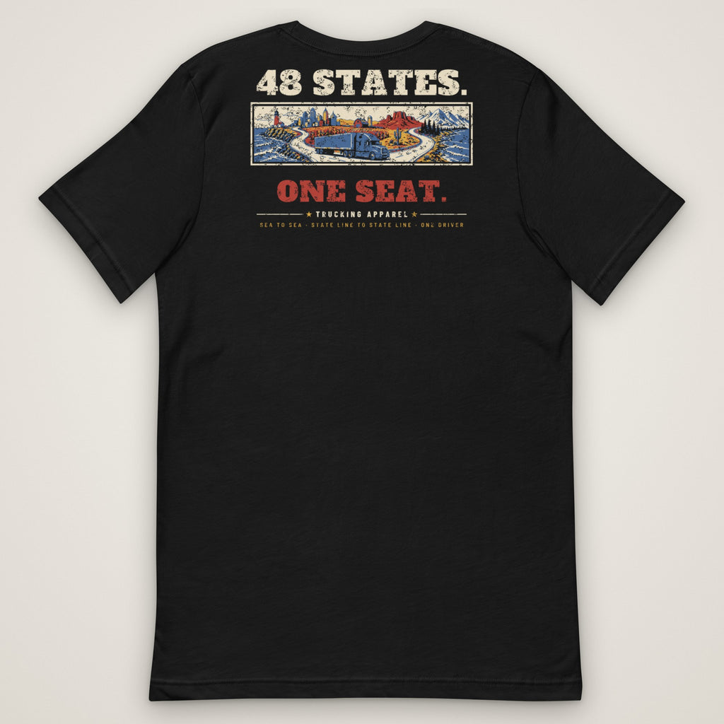 48 States. One Seat. Trucker Tee in black, back view laid flat showing the full back print. Design made with AI assistance.