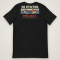 48 States. One Seat. Trucker Tee in black, back view laid flat showing the full back print. Design made with AI assistance.