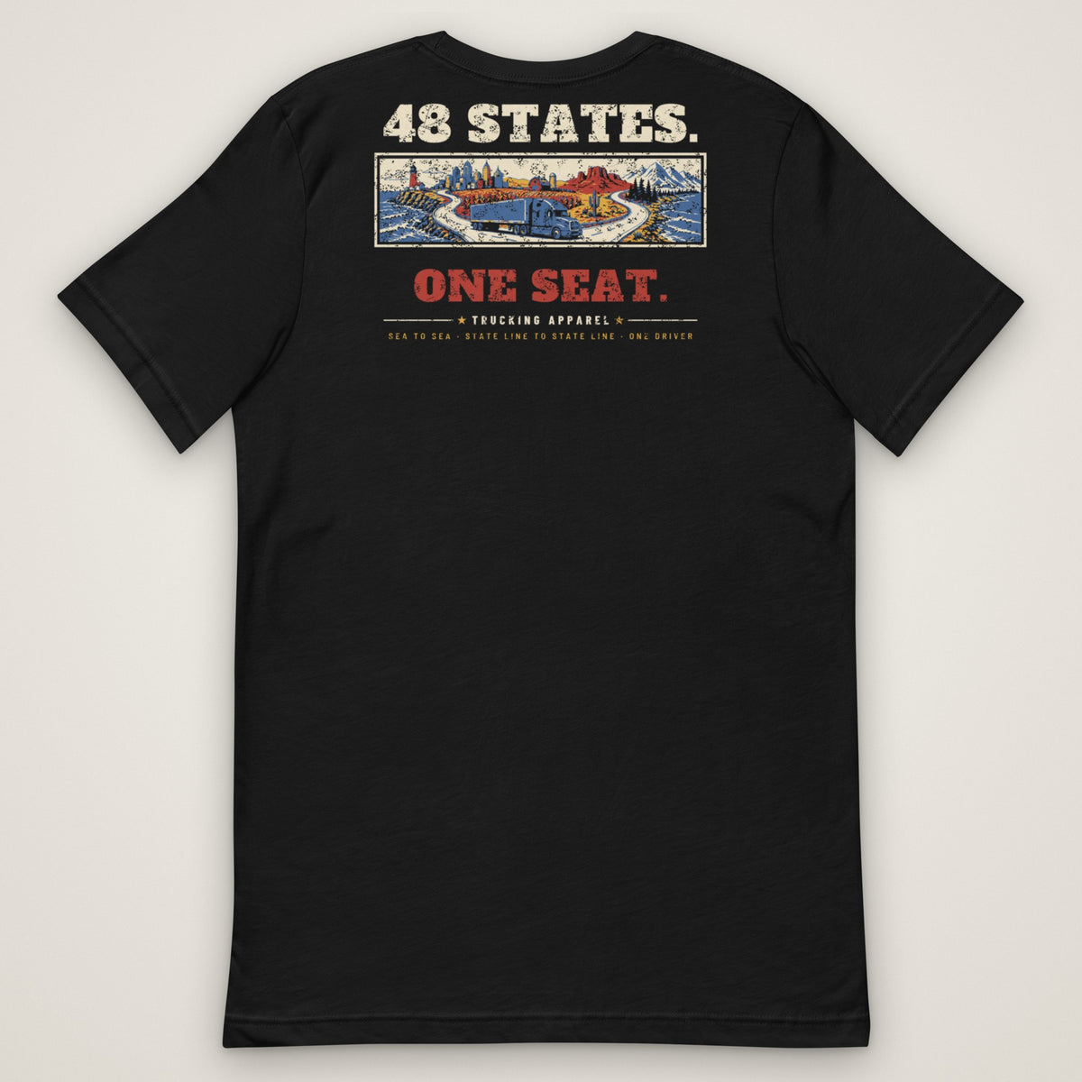 48 States. One Seat. Trucker Tee in black, back view laid flat showing the full back print. Design made with AI assistance.