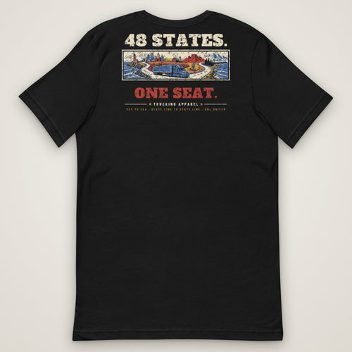 48 States. One Seat. Trucker Tee in black, back view laid flat showing the full back print. Design made with AI assistance.