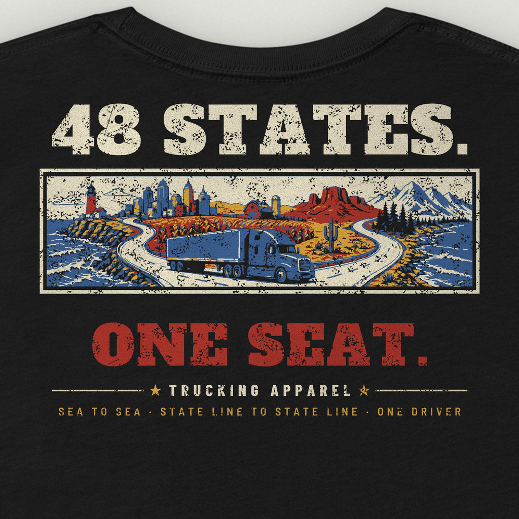 48 States. One Seat. Trucker Tee in black, close-up of the back print. Design made with AI assistance.