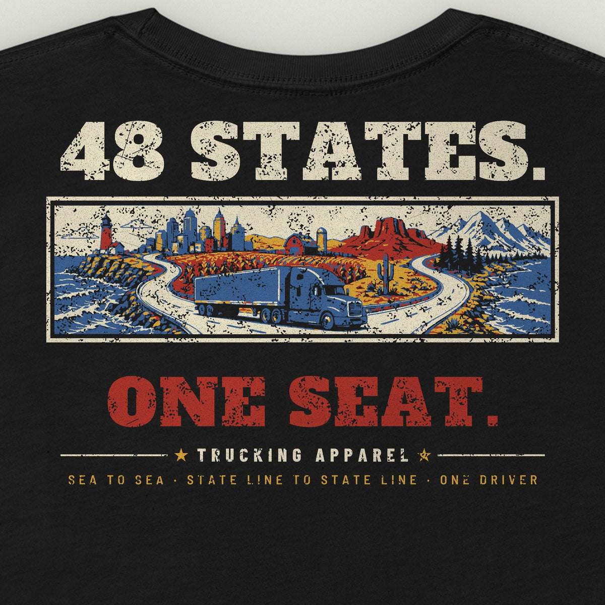 48 States. One Seat. Trucker Tee in black, close-up of the back print. Design made with AI assistance.