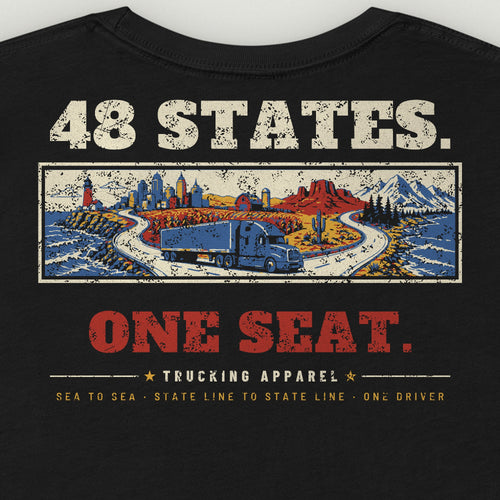 48 States. One Seat. Trucker Tee in black, close-up of the back print. Design made with AI assistance.