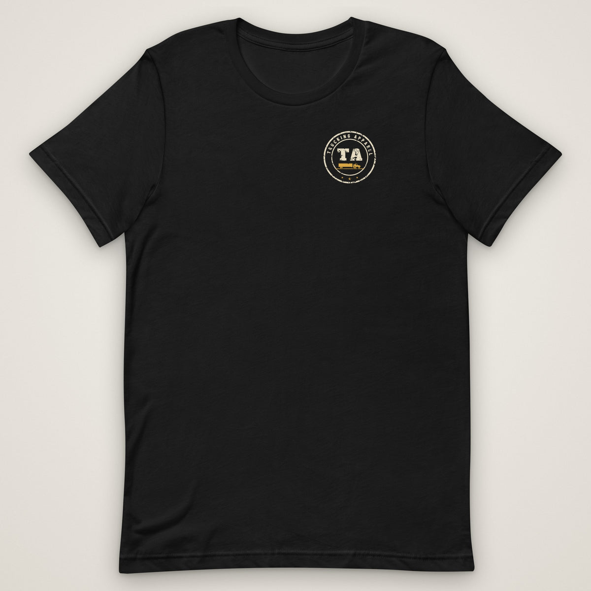 48 States. One Seat. Trucker Tee in black, front view laid flat with the small Trucking Apparel badge on the left chest. Design made with AI assistance.