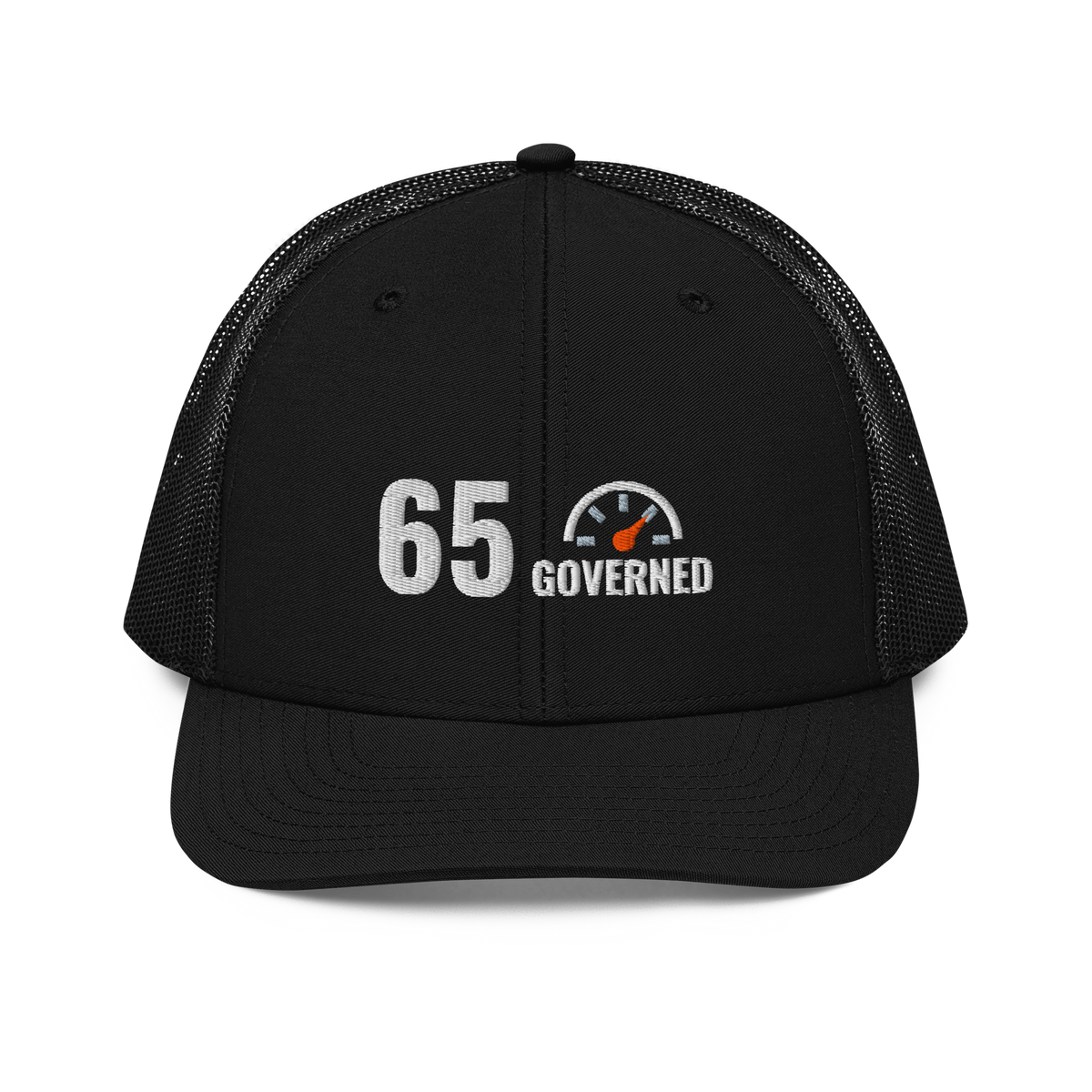 65 Governed Trucker Hat, black Richardson 112 mesh-back cap with 65 GOVERNED in white and grey embroidery with an orange speedometer needle, front view