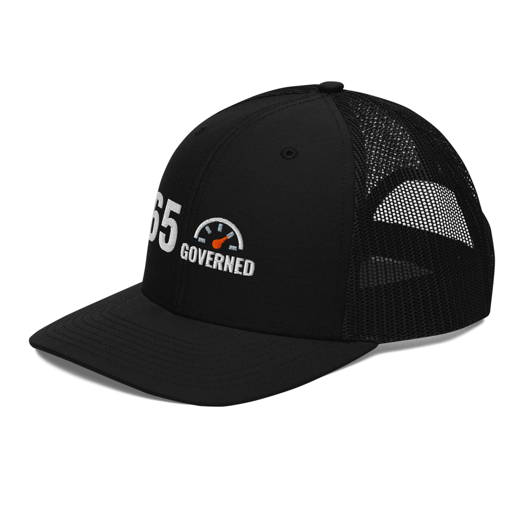 65 Governed Trucker Hat, black Richardson 112 mesh-back cap with 65 GOVERNED in white and grey embroidery with an orange speedometer needle, left front angle