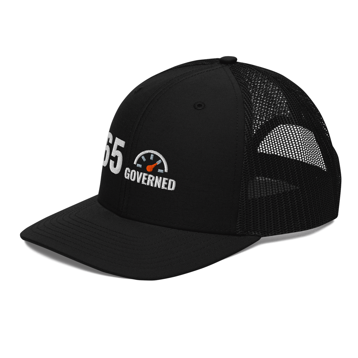 65 Governed Trucker Hat, black Richardson 112 mesh-back cap with 65 GOVERNED in white and grey embroidery with an orange speedometer needle, left front angle
