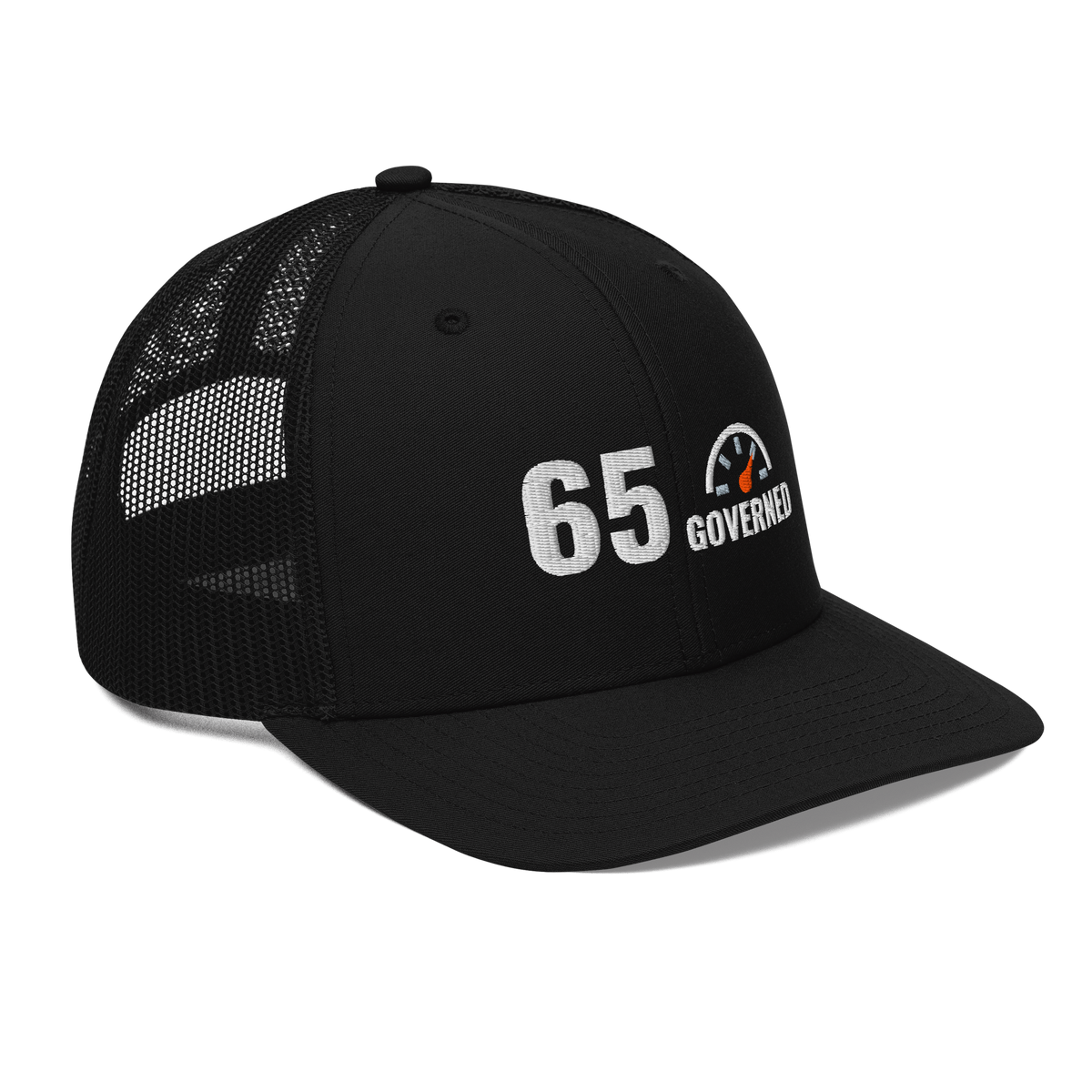 65 Governed Trucker Hat, black Richardson 112 mesh-back cap with 65 GOVERNED in white and grey embroidery with an orange speedometer needle, right front angle