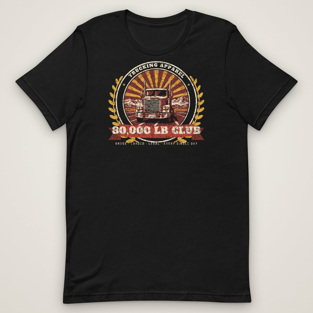80,000 LB Club Trucker Tee in black, front view laid flat showing the full front print. Design made with AI assistance.