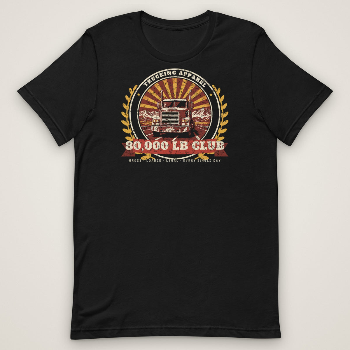 80,000 LB Club Trucker Tee in black, front view laid flat showing the full front print. Design made with AI assistance.